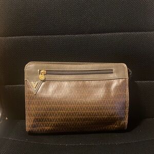 Mario Valentino Geometric Pattern Brown Zip-Around Clutch Wallet